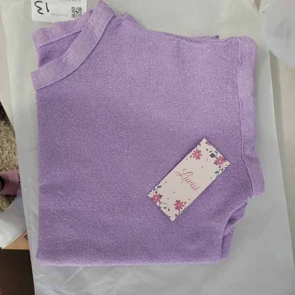 NWT Liwisi Lavender Purple Sparkle Glitter Relaxed Cuffed Short Sleeve T-Shirt - Picture 7 of 8